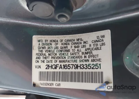 2009 Honda Civic Lx из США, поврежденный, VIN 2HGFA16579H335251